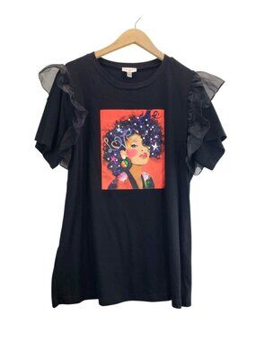 Graphic T-Shirt Black 2X Gemstone Woman Sheer Organza Ruffle Sleeves Fx Pearls